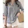Cross-border verão nova moda coreana plus size gola redonda listrada camisa sete mangas top solto casual camisa na moda