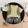 Traje de Moda de Verano para Bebés Niños, Nuevo Traje Delgado de Manga Corta, Ropa Elegante para Bebés Pequeños de Cuello Redondo, Conjunto de Dos Piezas Falso