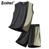 Camiseta sin mangas de seda de hielo para hombre, verano, fina, secado rápido, manga corta, pantalones cortos, conjunto de dos piezas de chaleco deportivo de secado rápido para fitness