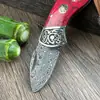 Faca dobrável de aço damasco transfronteiriça, Faca de frutas, Canivete com cabo de turquesa vermelha, Faca portátil para exterior, Faca artesanal