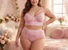 Conjunto de Lencería Rosa de Encaje Francés, Tallas Grandes, Sexy, Sin Costuras, Transpirable, Bragas y Sujetador, Disponible Exclusivamente para Ventas Transfronterizas