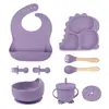 Prato de Silicone de Dinossauro Desenho Animado para Jantar Bebê Aprendendo a Beber Conjunto de 9 Peças Compartimento Anti-Queda Ventosa Tigela Tigela de Comida Louça para Alimentação