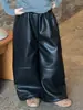 Lanyu 25 Otoño e Invierno Nueva Ropa Coreana para Niños Pequeños y Medianos para Niños Pantalones Gruesos de Cuero PU Negro con Terciopelo