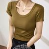 Camiseta de Algodón Acanalado de Alta Elasticidad con Cuello en U para Mujer, Manga Corta, Nuevo Estilo Verano 2026, Adelgazante, Tacto de Alta Gama, Top Versátil, Camiseta Base de Hombro Regular