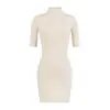 Vestido Bodycon de Gola Alta e Manga Média Estilo Desejo Puro 2026 Lançamento Primavera Elástico Justo Cor Sólida Base Vestido Curto Menina Apimentada