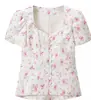 Camisa Feminina Quadrada com Estampa Floral Manga Curta Bufante Cropped Emagrecedora Verão Roupas Femininas Transfronteiriças Em Estoque Atacado