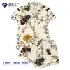 Cardigan Cruzado Europeu e Americano de Seda Leiteira Pijama Estampado de Cor Clara para Mulheres Conjunto de Roupa de Casa Casual Respirável com Shorts de Manga Curta