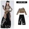 Figurino de dança jazz para meninas, conjunto de roupa de dança cropped com estampa de leopardo para crianças, roupa da moda street dance para desfile infantil, figurino de performance para meninas