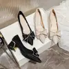 Tacones Gruesos con Faldas, Tacones Altos, Estilo Hada de Boca Baja, Zapatos de Lazo de Suela Blanda 2025 Otoño y Verano Nuevo Estilo Francés Versátil