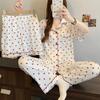 Pijama Casual de Tecido Amassado com Estampa Completa Doce Amor Coreano Feminina Primavera/Verão Manga Curta Três Peças Roupa de Casa Foto Real Atacado