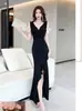 Vestido Sexy de Cuello en V, Corte Ajustado, Mangas de Hoja de Loto que Reducen la Edad, Elegante Vestido de Noche, Ropa Suave de Trabajo para Spa para Mujeres