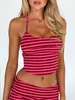 Nuevo Conjunto de Rayas Rosa-Azul 2026, Moda Sexy Versátil de Primavera/Verano, con Top de Tirantes Corto de Espalda Descubierta y Atar, y Shorts