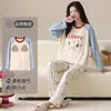 Pijamas de Algodón al por Mayor con Almohadillas en el Pecho para Parejas, Conjunto de Dos Piezas de Ropa de Casa de Dibujos Animados para Primavera y Otoño para Mujer, Una Pieza Envío Directo