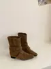 Botines retro estilo francés, diseño de nicho, punta cuadrada, tacón grueso para mujer, nueva colección 2025, botas de media pantorrilla estilo western, botas para mujer