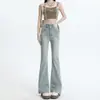 Azul claro American Micro-flare Jeans Feminino Outono Nova Cintura Alta Slim-fit Slim-fit Calças de Ferradura de Chifre Pequeno