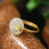 Anillo Guochao de Plata de Ley S925 Estilo Retro de Corte Bambú Nudo de Bambú Hoja Proceso Dorado Anillo para Dedo Anular Celebridad de Internet Transmisión en Vivo Jade