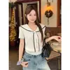 Camiseta de Punto de Manga Corta con Cuello Marino para Mujer, Nuevo Diseño de Verano, Top Transpirable Calado Estilo Universitario Juvenil