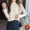 Suéter de forro polar para mujer de otoño e invierno, engrosado y cálido, con un tacto de alta gama, adecuado para figuras petite, con cuello alto medio y diseño de punto de capa base