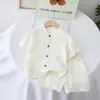 Ropa de Casa 2026 Color Sólido Verano Ropa Infantil para Niños y Niñas, Doble Capa Algodón Gasa Color Sólido Cuello Alto Botón Cárdigan Casual Conjunto de Dos Piezas