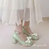 Sapatos Mary Jane Doces Estilo Fada 2025 Novo Modelo Sapatos de Couro Gentis com Tira Única, Bico Arredondado, Laço e Salto Grosso