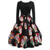 Foto real em estoque Amazon retro Hepburn estilo Natal impressão costura manga longa grande vestido pêndulo entrega
