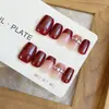 30 Peças Unha Postiça Artística Vermelho Vinho Simples Pequeno Diamante Adesivo de Unha Simples para Mulheres e Meninas Peças de Manicure Ins Semi-acabado