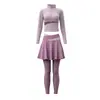 Conjunto de Fitness para Mujer Cuello Alto Manga Larga Chaqueta de Yoga Falda Pantalón Falso de Dos Piezas Control de Abdomen Moldeador Carrera Matutina Ejercicio Conjunto de Yoga