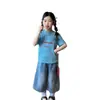 Conjunto para Niña 2026 Nuevo Estilo Camiseta de Manga Corta con Estampado de Corazón Azul y Letras para Niñas, Top Holgado Elegante de Verano