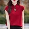 Novo estilo chinês estilo nacional manga curta feminino cor sólida cheongsam colarinho fivela elegante simples solto malha camisa colete com manga ombro