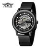 Reloj T-winner para hombre, de estilo europeo y americano, con mecanismo hueco, manual, fondo transparente, correa de malla milanesa, 8258