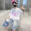 Traje de Verão Masculino 100% Algodão Manga Curta Verão Tamanhos Médio e Grande Crianças Meninos Esportivo Fino Roupas Infantis Estilo Verão Manga Três Quartos Moderno