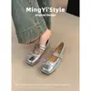Versão em Pele de Ovelha ~ Sapatos Mary Jane Franceses com Elevação Interna, Sapatos Raso de Uma Linha, Sapatilhas Prateadas para Mulheres, Sapatos Baixos