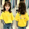 Camiseta infantil de algodão puro estilo coreano, casual, com estampa de desenho animado e listras, manga longa, top versátil para primavera e outono para estudantes