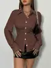 Zt7682 Camisa de Solapa de Moda con Rayas Verticales para Primavera y Otoño, Top Ajustado de Manga Larga que Ceñe la Cintura