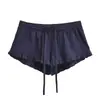 Calça Shorts Jacquard Pesado de Perna Larga com Cintura Elástica Ajustável por Cordão, Babados, Nova, Estilosa, Versátil, Slim Fit para Mulheres