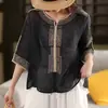 Camisa retro bordada étnica estilo japonés para mujer, camiseta fina de verano adelgazante de manga de cinco cuartos