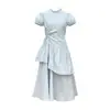 Vestido azul suave de estilo coreano con mangas abullonadas para mujer, nueva colección verano 2026, con cintura de cordón y falda midi de volantes