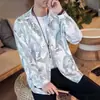 2026 Camisa de Manga Longa com Estampa de Grou Estilo Japonês Estilo de Hong Kong Solta Ins Camisa Masculina de Verão Tendência Versátil Jaqueta Casual