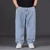 Jeans Masculino Plus Size Outono Solto Corte Reto Perna Larga Calças de Cintura Elástica