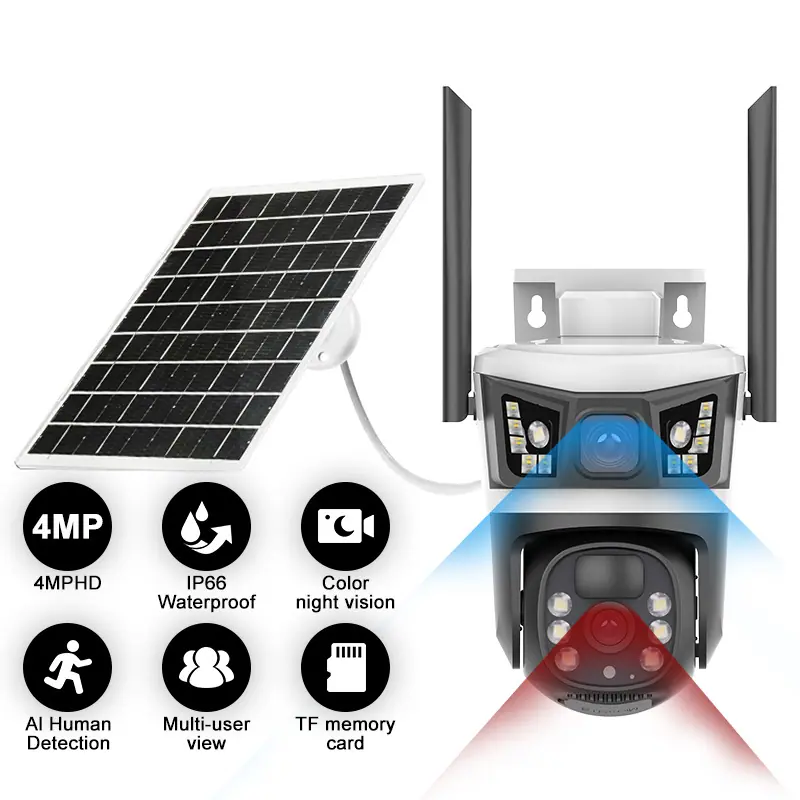 太阳能4G全景V380监控器无线手机远程室外双镜头枪球联动双