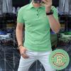 Moda masculina manga curta camiseta polo camisa quente perfuração carta ajuste fino negócios lapela fina gelo seda algodão miçangas malha
