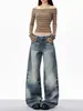Jeans Americano Retrô de Cintura Baixa e Perna Reta para Mulheres, Design de Outono, Nicho Versátil Emagrecedor de Perna Larga Comprimento Total