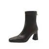Botas de couro super elásticas para mulheres, botas de corte justo, botas de bico quadrado estilo coreano com zíper traseiro, botas de salto alto robustas, botas elásticas de tornozelo, tamanho 42
