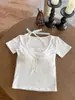 Camiseta de manga corta abotonada para mujer, estilo 'Hot Girl', de talle alto, adelgazante, con top de retazos y escote halter 'Pure Desire'
