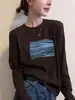 Camiseta de manga larga acanalada de algodón puro azul marino, nuevo estilo 2026, top elegante para mujer de principios de otoño, extremadamente atractivo