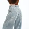 Jeans Feminino 2026 Tendência Azul Claro Bordado Americano Cimitarra Perna Larga Novo Cintura Alta Reta Solto Comprimento Total