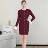 Moda Feminina Europeia e Americana de Primavera e Outono Transfronteiriça Novo Estilo Francês Vestido de Malha Elegante com Gola Redonda Emagrecedor Vestido de Manga Longa com Cinto