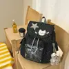 Mochila com Cordão Fofa Casual Estilo Coreano Bordado de Gato com Bolinhas Mochila de Estudante Estilo Japonês Soft Girl Leve Versátil