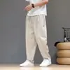 Pantalones de lino a rayas verticales para hombre, estilo fino de verano, pantalones casuales de algodón y lino estilo chino, talla grande, pantalones tipo harén rectos holgados