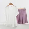 Conjunto de dos piezas de modal para mujer, nuevo modelo de primavera y verano, con cuello en V, manga corta y shorts, talla grande, holgado, casual, sencillo, para casa